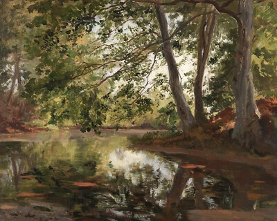 Impresión de giclee de pintura vintage de estanque en un bosque de 1800 en papel de bellas artes Foto 1 de 3