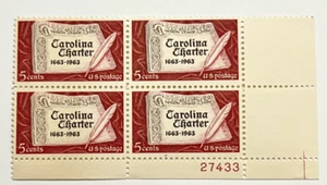 #1230 5c Carolina Charter Plate Block 27433 LR NMH - Picture 1 of 2