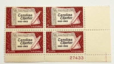 #1230 5c Carolina Charter Plate Block 27433 LR NMH - Image 1 of 2