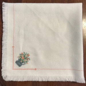 vintage hand embroidered square table cover or napkin, wild flowers in pitcher - Picture 1 of 4
