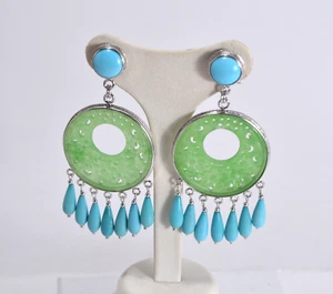 ORECCHINI  ARGENTO 925 TURCHESE NATURALE PENDOLI  E  GIADA VERDE       AGHT 0847 - Foto 1 di 3