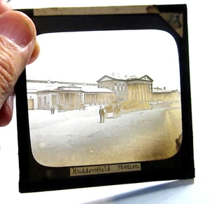 Early Huddersfield Railway Station antique photo magic lantern slide #9996 - Picture 1 of 1