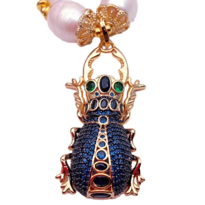 Collar de perlas de arroz blanco de agua dulce de 20"" circonita cúbica pavé insecto colgante Foto 1 de 4