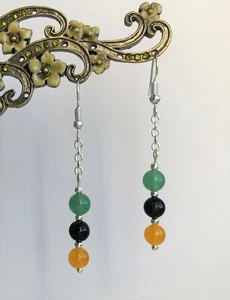 Green Jade Black Agate and Yellow Quartz Beads Dangly Drop Earrings in Gift Bag - Picture 1 of 6
