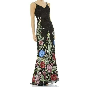 Maxi Vestido Mac Duggal $798 Negro Lentejuelas Floral Formal Vestido con Cuentas Talla 4 Nuevo con Etiquetas - Imagen 1 de 12