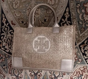 Tory Burch Ella Tote Bag Straw/Silver Large 9” x 13” x 5” - Picture 1 of 8