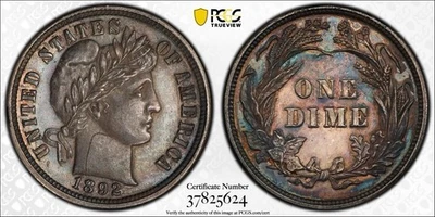 1892 Proof Barber Silver Dime 10C PCGS PR 62 (Toning!) - Barber Dime - Toning! - Image 1 of 4