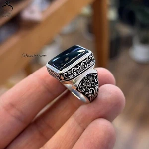 Black Yemeni Aqeeq Ring Natural Agate Men’s Unique Design Handmade - Picture 1 of 5