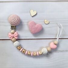 Schnullerkette Schnullerband Nuckelkette mit Namen rosa weiß beige holz Silikon