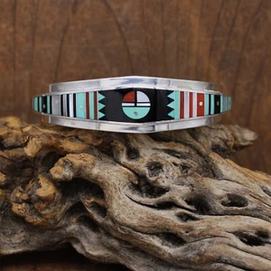 Sterling Silver Multi Stone Inlay Cuff Bracelet by Ernest Benally Navajo - Picture 1 of 6