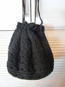 Vintage  1930's Black Crocheted Draw String Hand bag floral Lining 7" wide - Picture 1 of 14