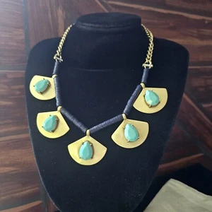 J Crew Signed Gold Tone Fan Statement Necklace Blue Wood Beads & Dust  Bag - Picture 1 of 23
