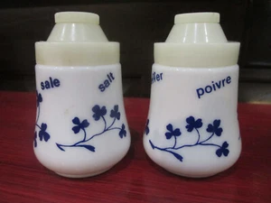 ITALIAN MILK GLASS SALT & PEPPER SET WHITE WITH BLUE CLOVER FLOWERS NO CHIPS!! - Picture 1 of 5
