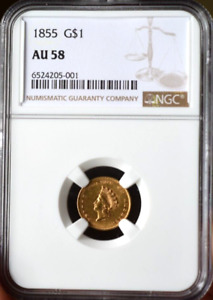 1855 US $1 Gold Coin NGC AU 58 High Grade 