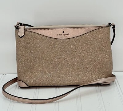 Kate Spade Rose Gold Glitter Sparkle Crossbody Bag Gold Zip close New NWOT - Image 1 of 4