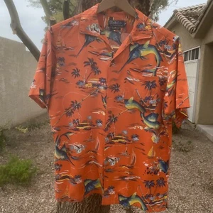 Polo Ralph Lauren Orange Camp Shirt Sz M Marlin Boat Graphics - Picture 1 of 4