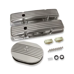 For Chevy SBC 350 1958-1986 Finned Short Polished Valve Covers & 12" Air Cleaner - Picture 1 of 7