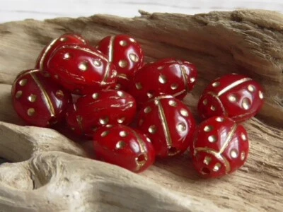 10 - 10x8mm CZECH LADYBUGS OPAQUE DEEP RED METALLIC GOLD LADY BUG GARDEN BEADS - Image 1 of 3