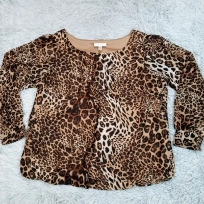 Dressbarn Womens Shirt Blouse Brown Plus 2X Leopard Animal Print Cheetah Career - Image 1 of 4