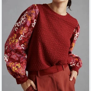 Anthropologie Porridge Textured Sweatshirt Floral Balloon Slv Top M blouse shirt - Picture 1 of 9