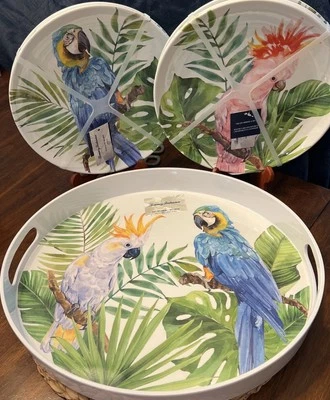 TOMMY BAHAMA MELAMINE  Parrots , 8 Dinner Plates And Large Serving  Tray NEW - Image 1 of 4