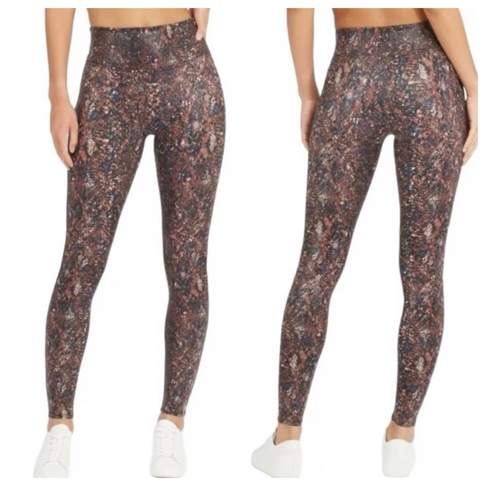 Spanx Snake Shine Faux Leather Leggings Reptile Mocha 20324R Size S Womens