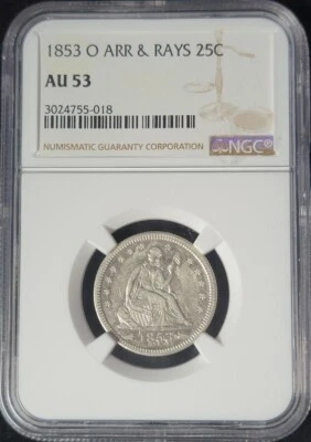 1853 O 25C NGC AU53 ARR & RAYS  3024755-018 Seated Liberty Quarter - Image 1 of 2