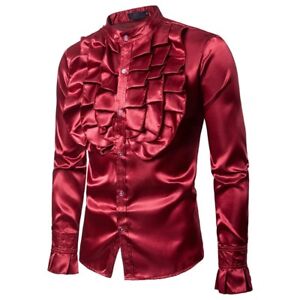Mens Long Sleeve Silky Satin Ruffled Shirt Top Victorian Vintage Style Showman