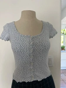 Brandy Melville Blue Floral Print Pointelle Top, One Size, 100% Cotton - Picture 1 of 7