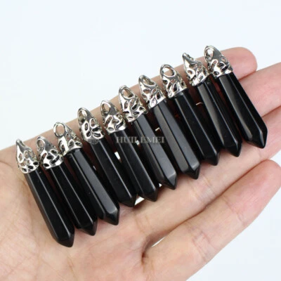 10pcs Natural Black Obsidian Hexagonal Pointed Pendant Bead Reiki Chakra Healing - Image 1 of 4