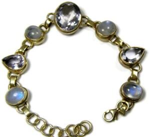 Sterling Silver Gold Vermeil Moonstone & White Topaz Link Designer Bracelet