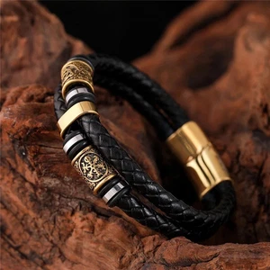 Norse Viking Compass Runes Amulet Leather Bracelet for Men Mythology Jewellery - Picture 1 of 9