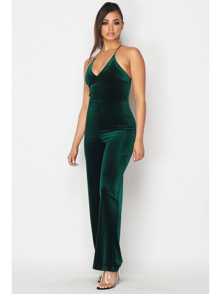 TEEZE Me Jumpsuit Hunter Green Size 1 Junior Velvet V-neck Split Neck #441