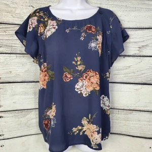 Maurices XL Floral Button Blouse Navy & Gray Mixed Media Short Sleeve Top - Picture 1 of 7