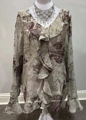 Nueva Blusa Selene Volantes Gasa Plus Tank Marrón Paisley Estampado Floral Nueva con Etiquetas 2X Top Foto 1 de 4