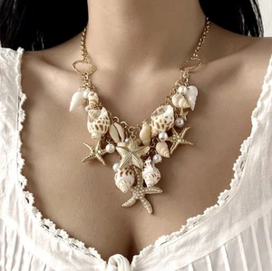 Seashell Starfish Necklace Pearl Zara Conch Mermaid Cruise Collar Gold Boho Ring - Picture 1 of 7