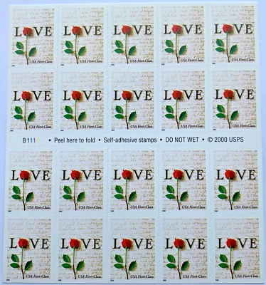 US STAMP 2001 SCT#3496a LOVE SINGLE ROSE Pane of 20PC First Class Stamps MNH - Image 1 of 3