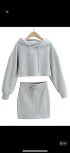 Women two piece skirt set Size Small GRAY hooded sweatshirt crop top And Skirt - Picture 1 of 9