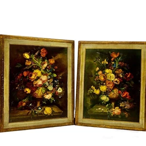 Vintage Italian Florentine Wood Wall Plaque Set Victorian Floral Still Life 14” - Picture 1 of 15