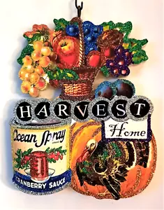 TURKEY, FRUIT BASKET, CRANBERRY SAUCE, HARVEST HOME Glitter WOOD ORNAMENT * Vtg - Picture 1 of 1