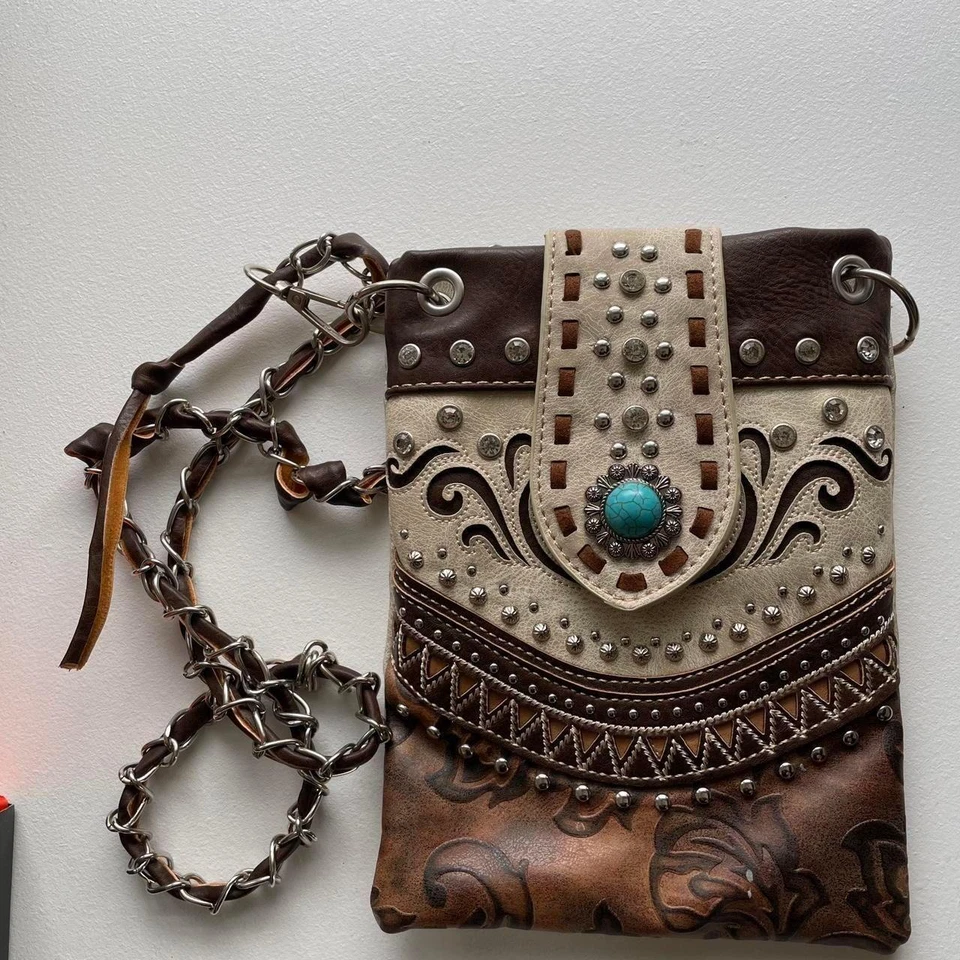 Bandolera Western Tostada y Marrón con Piedra Turquesa y Correa de Cadena... Foto 1 de 1