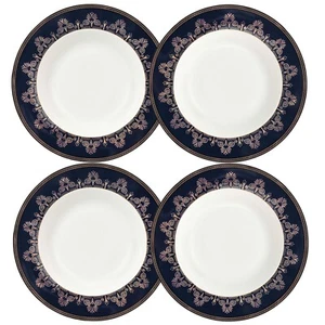 Noble Cobalt Blue Porcelain & Gold Soup Plate Set Bone China Deep Plate Set of 4 - Picture 1 of 10