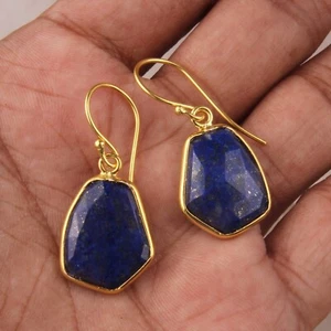 18k Yellow Gold Plated Dangle Earrings With Lapis Lazuli For Women's Day Gift - Picture 1 of 7
