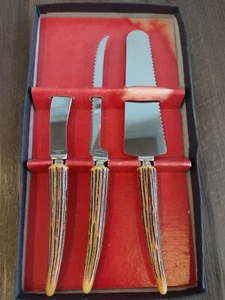 Vintage Lifetime Cutlery 3 Piece Hostess Serving Set Fake Horn Stainless Steel - Picture 1 of 4