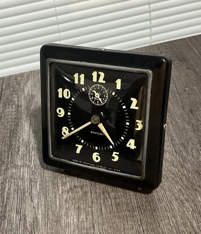 Westclox Square Spur Style Wind Up Alarm Clock Working Made In USA Black Vtg Cover
