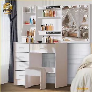 Dressing Table Stool Set With LED Makeup Mirror 6 Drawers 6 Shelves Vanity Desk - Picture 1 of 10