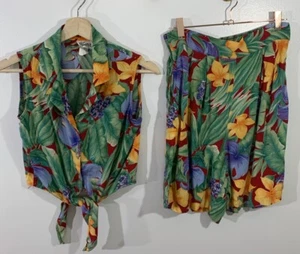 Vintage Outfit Top Shorts 90s Tropical Hawaiian Plants S/M - Picture 1 of 13