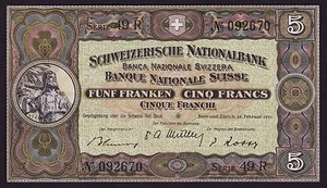 Switzerland 5 Franken Banknote 1951 P-11o.2 - Picture 1 of 2