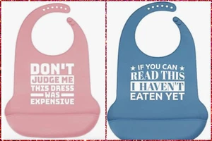 2 Pack FUNNY Silicone Adult Bibs Waterproof Adjustable With Crumb Catcher - Picture 1 of 5