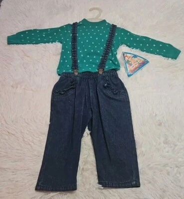 Винтажный 90-х чипеты девочек размер 12 М 2 изделия комплект зеленый верх и Jean нагрудники новый из старых запасов!!! - Изображение 1 из 4